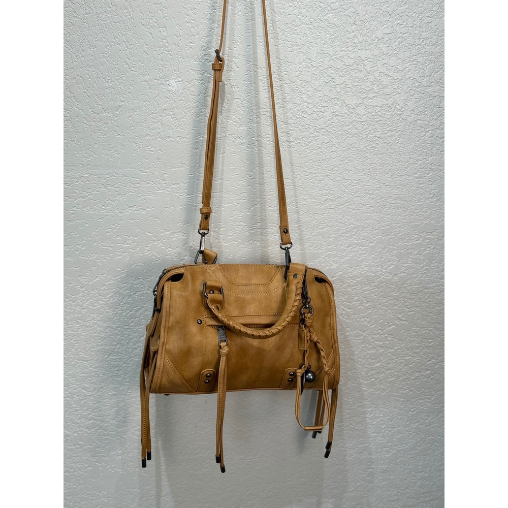Steve Madden Tan Faux Leather Moto Satchel Crossbody Bag Braided‎ Handles NEW